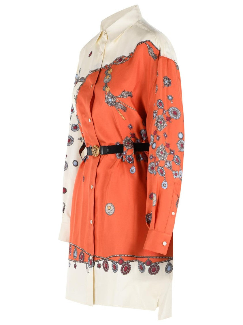 Versace Silk Mini Dress With Pointed Collar And Abstract Pattern