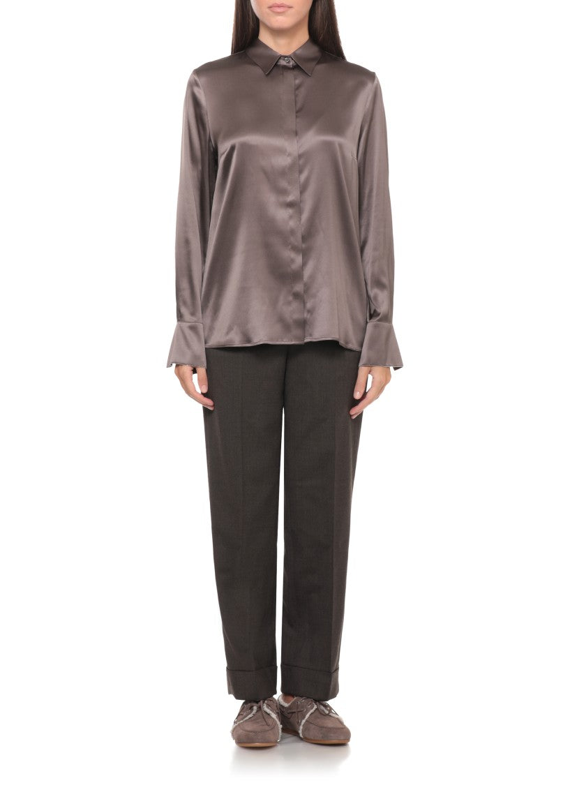 Peserico Brown Silk Long-Sleeve Shirt