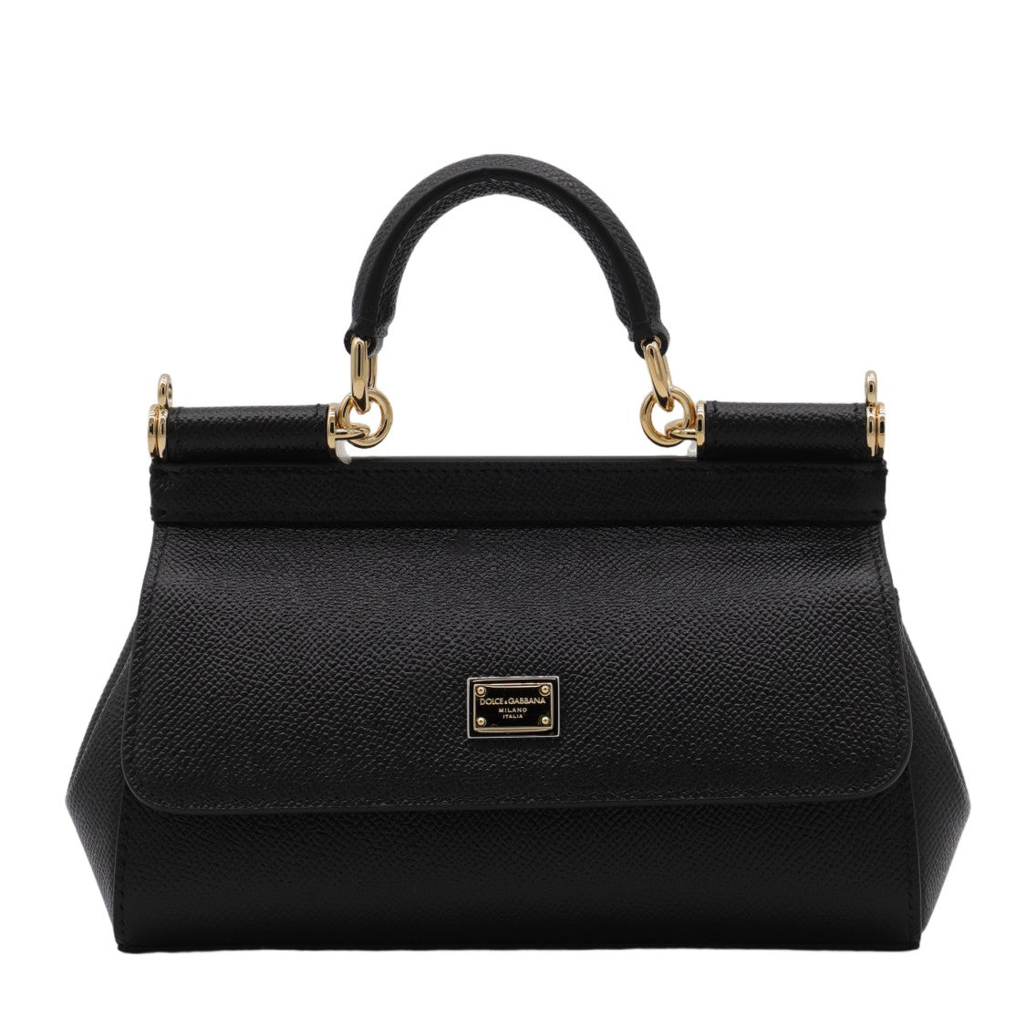 Dolce & Gabbana Textured Black Handbag With Gold-Tone Plaque