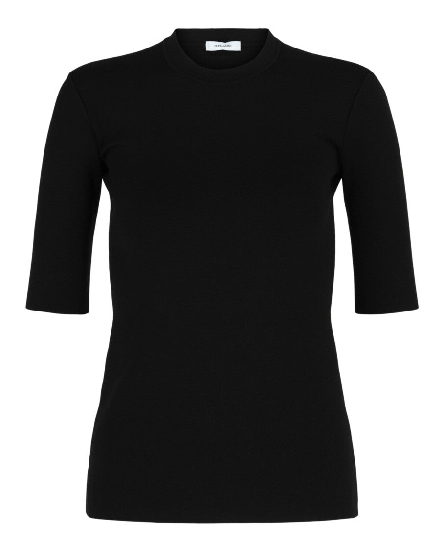 Ferragamo Ribbed Collar Fitted Short-Sleeve Top