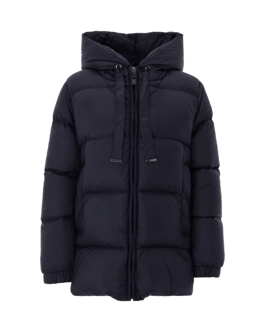 Max Mara Navy Blue Channel-Quilted Hooded Puffer Down Jacket