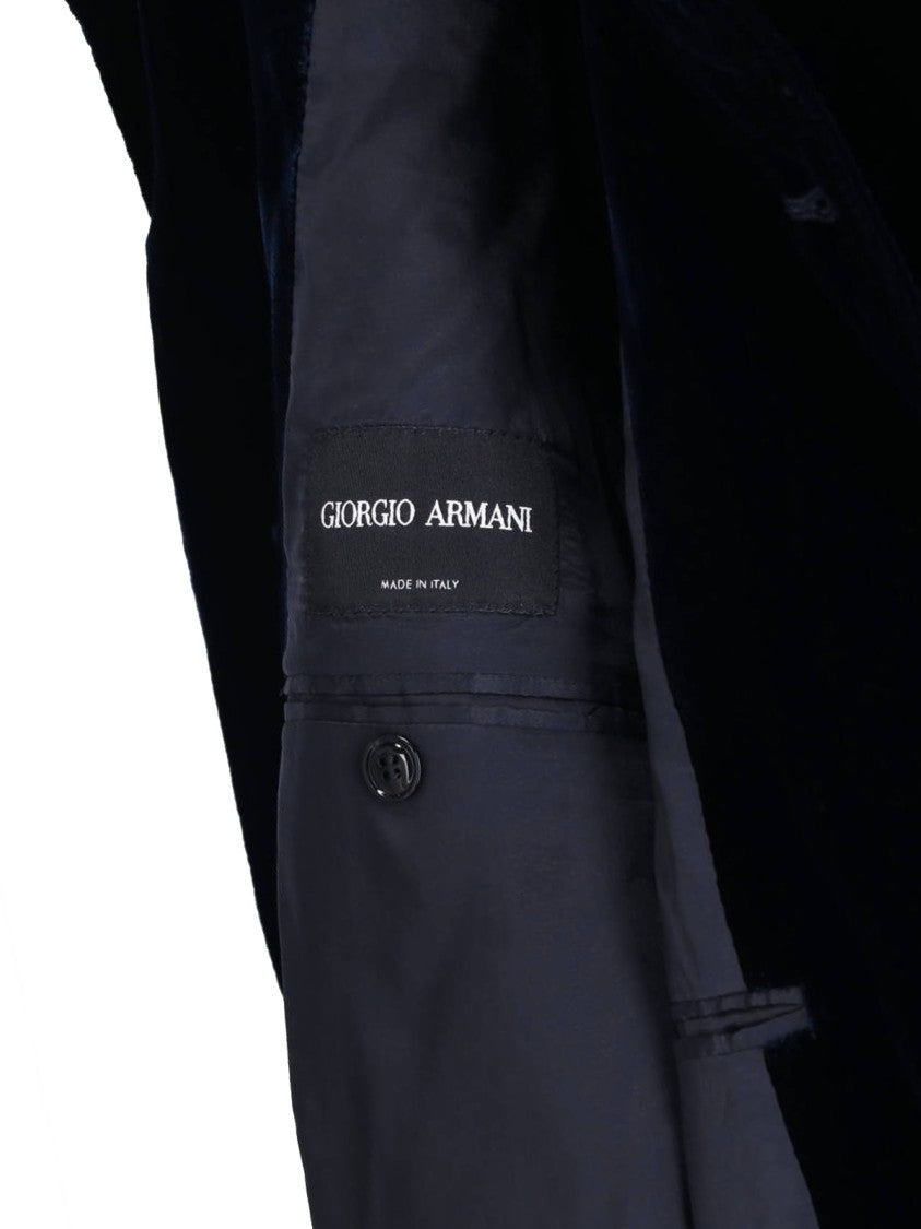 Giorgio Armani Blue Stand Collar Button-Up Viscose Velvet Jacket