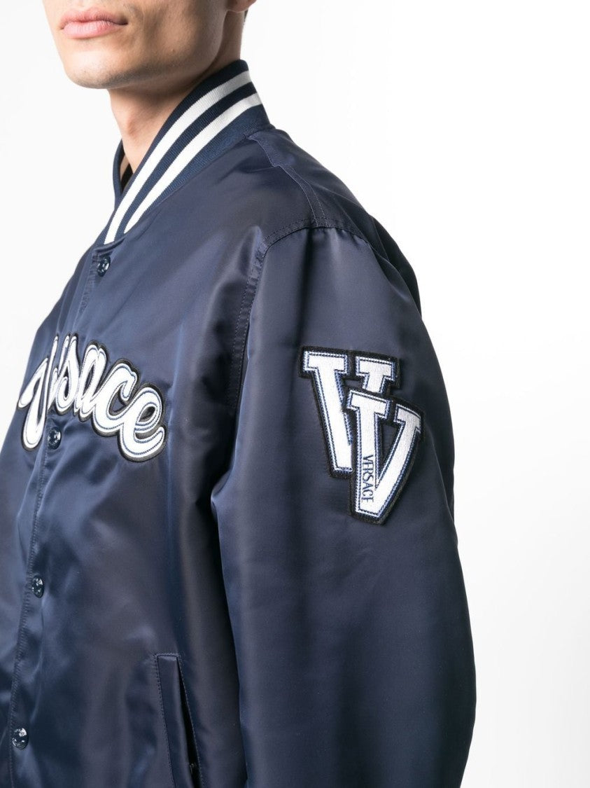 Versace Navy Blue Logo-Patch Bomber Jacket