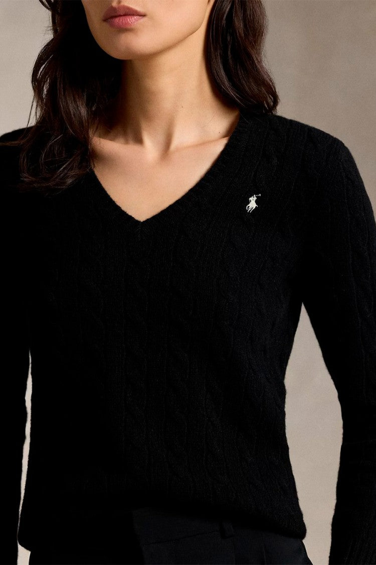 Polo Ralph Lauren Black Wool-Cashmere Blend V-Neck Cable-Knit Sweater