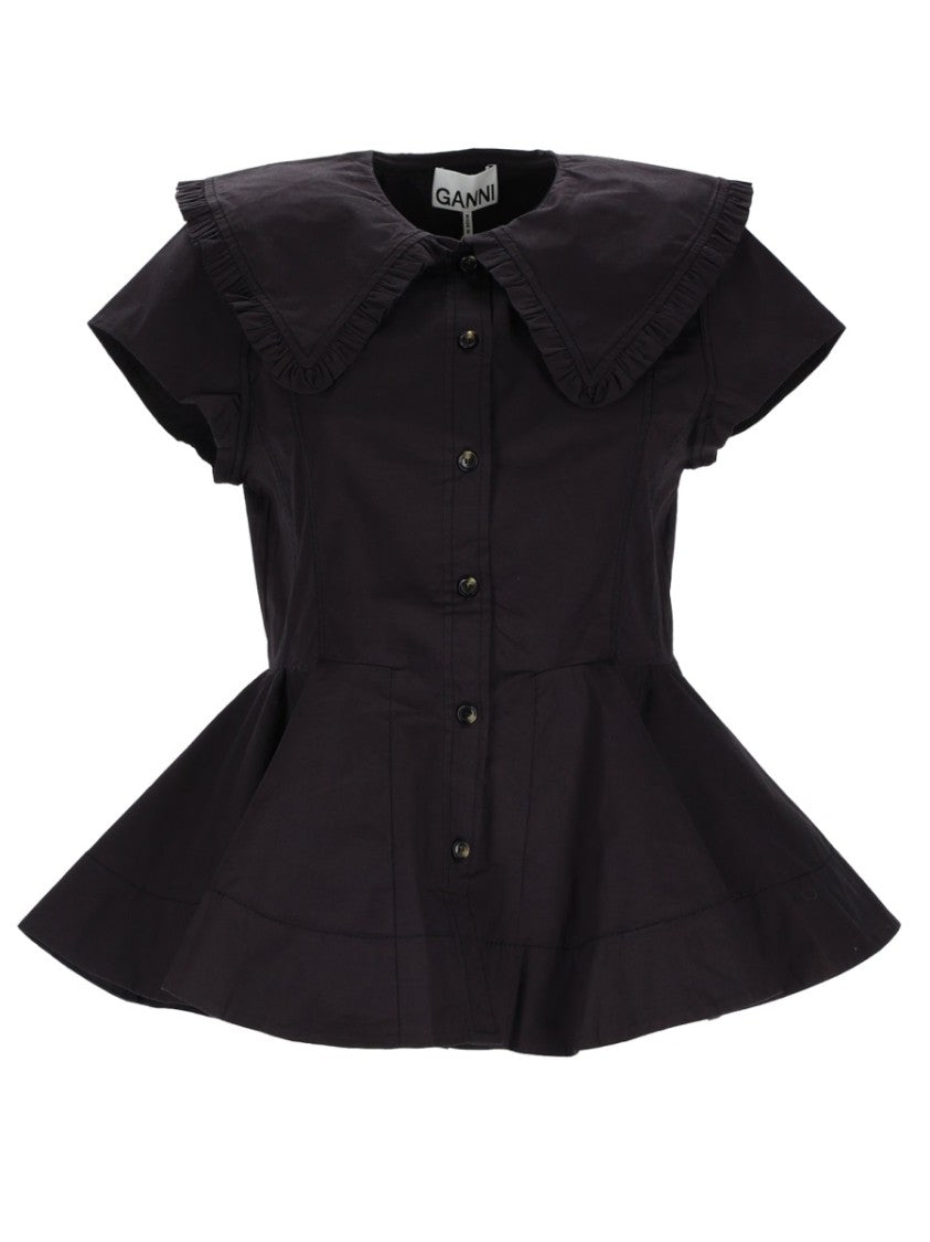 Ganni White Ruffled Collar Peplum Cotton Top