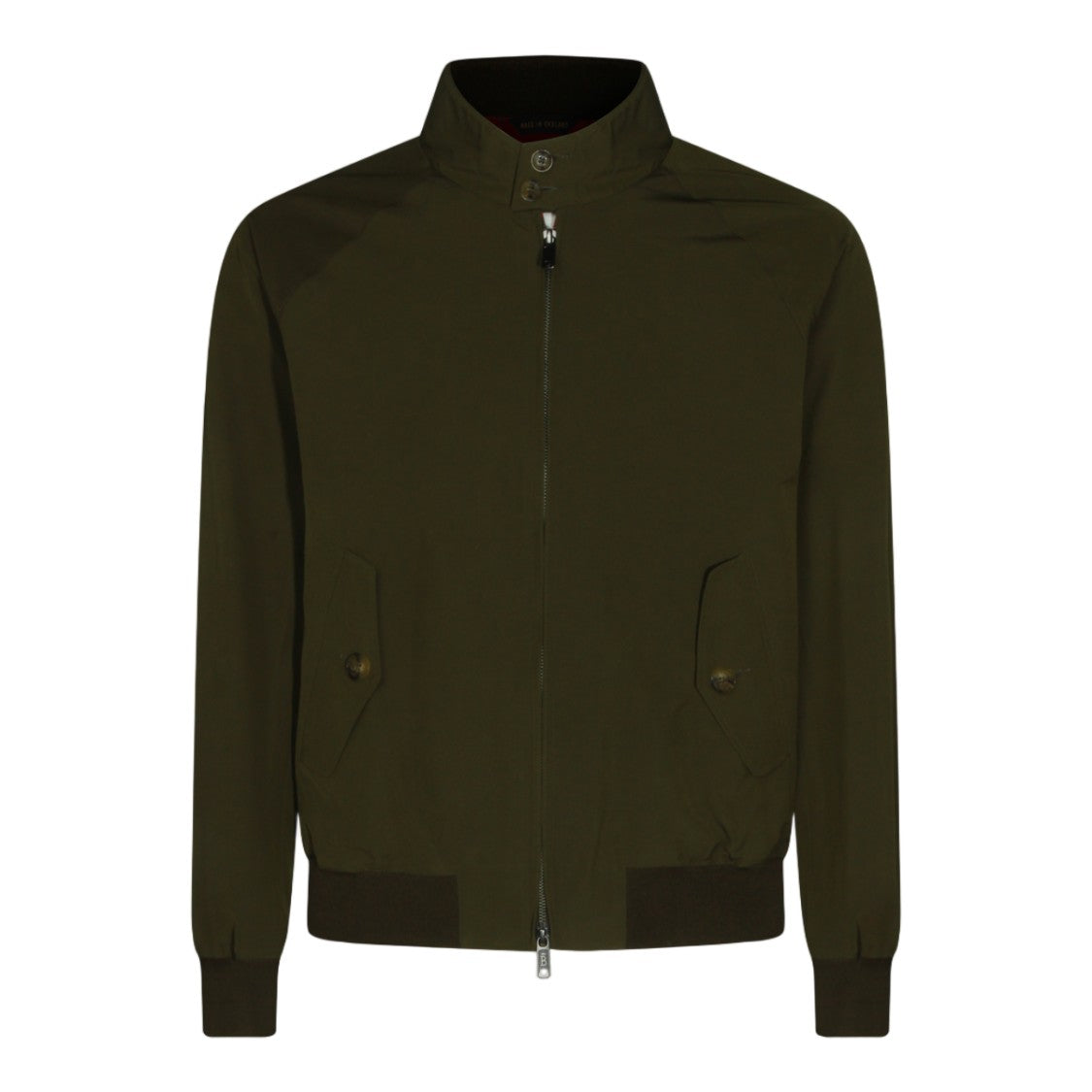 Baracuta High Collar Green Jacket With Minimalist Design And Ribbed Details