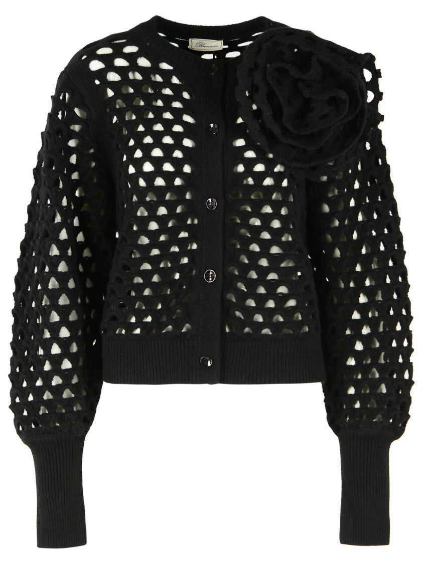 Blumarine Black Rose Detail Openwork Wool Cardigan