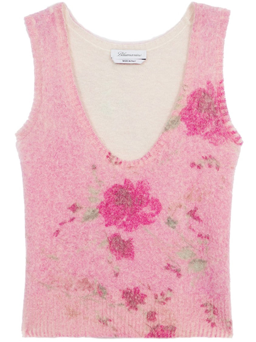 Blumarine Sleeveless Alpaca Blend Floral Knit Top