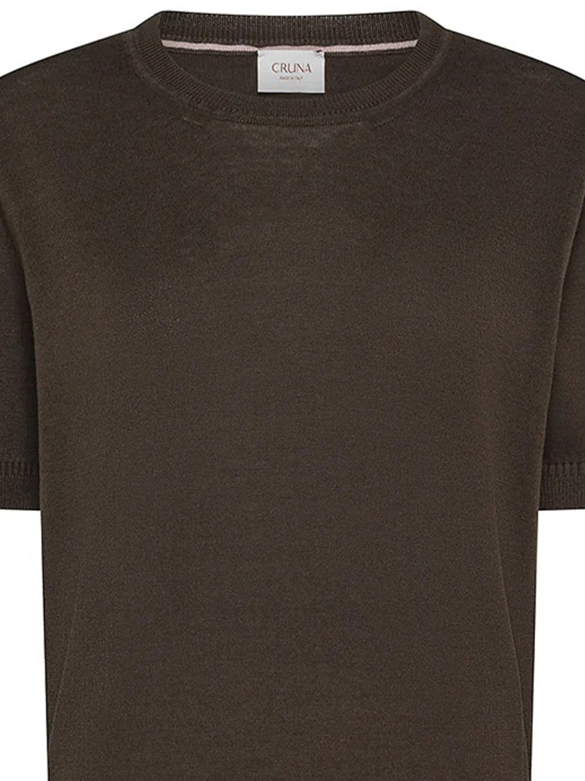 Cruna Cropped Brown Smooth Fabric Ribbed T-Shirt