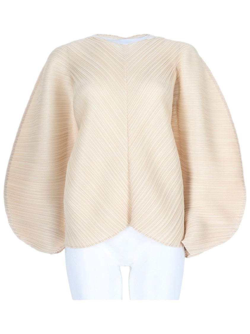 Pleats Please Issey Miyake Beige Pleated Voluminous Sleeve Polyester Blouse