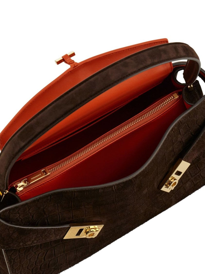 Ferragamo Structured Leather Handbag With Crocodile Pattern