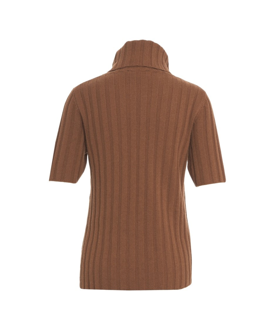 Peuterey Short-Sleeve Wool Knit Top With Ribbed Turtleneck