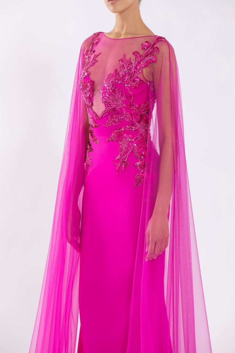 Saiid Kobeisy Crepe Mermaid Dress With Beading And Tulle Long Sleeves