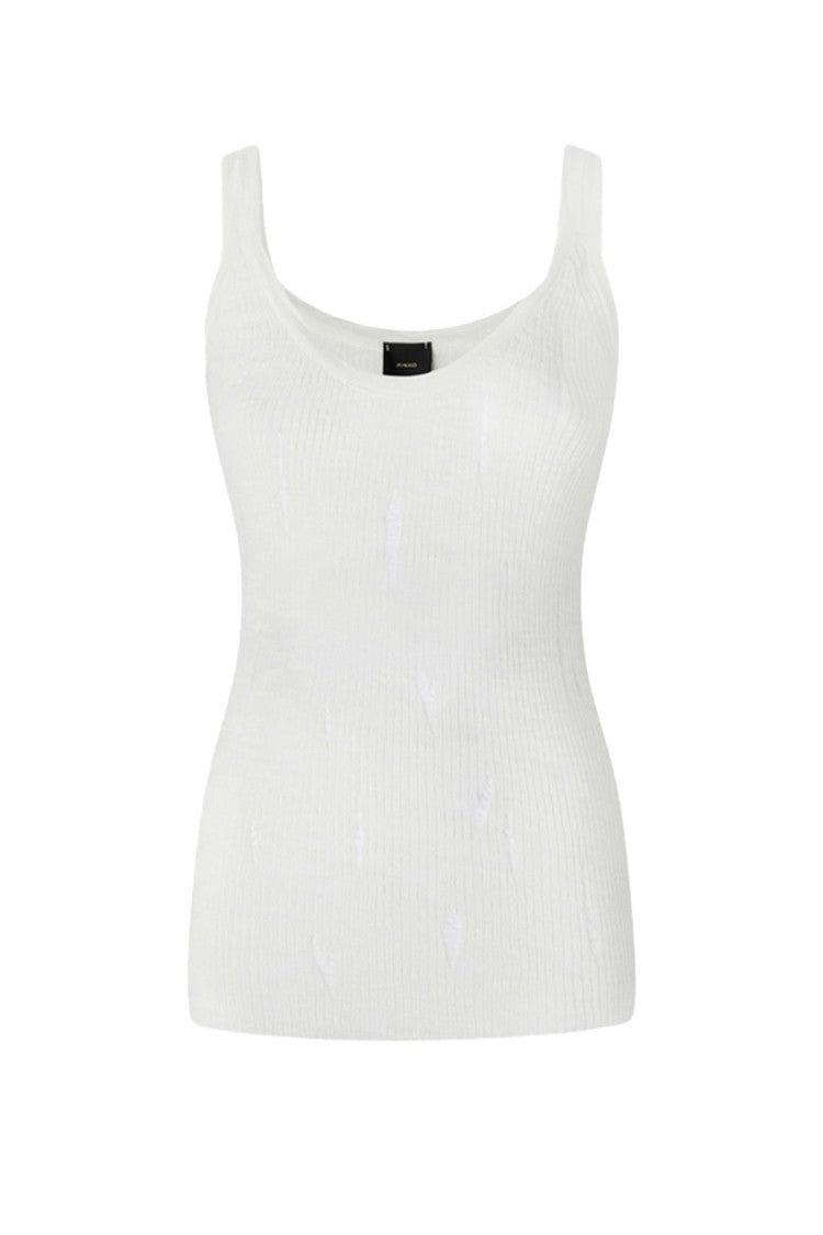 Pinko White Ribbed Scoop Neck Cotton Top