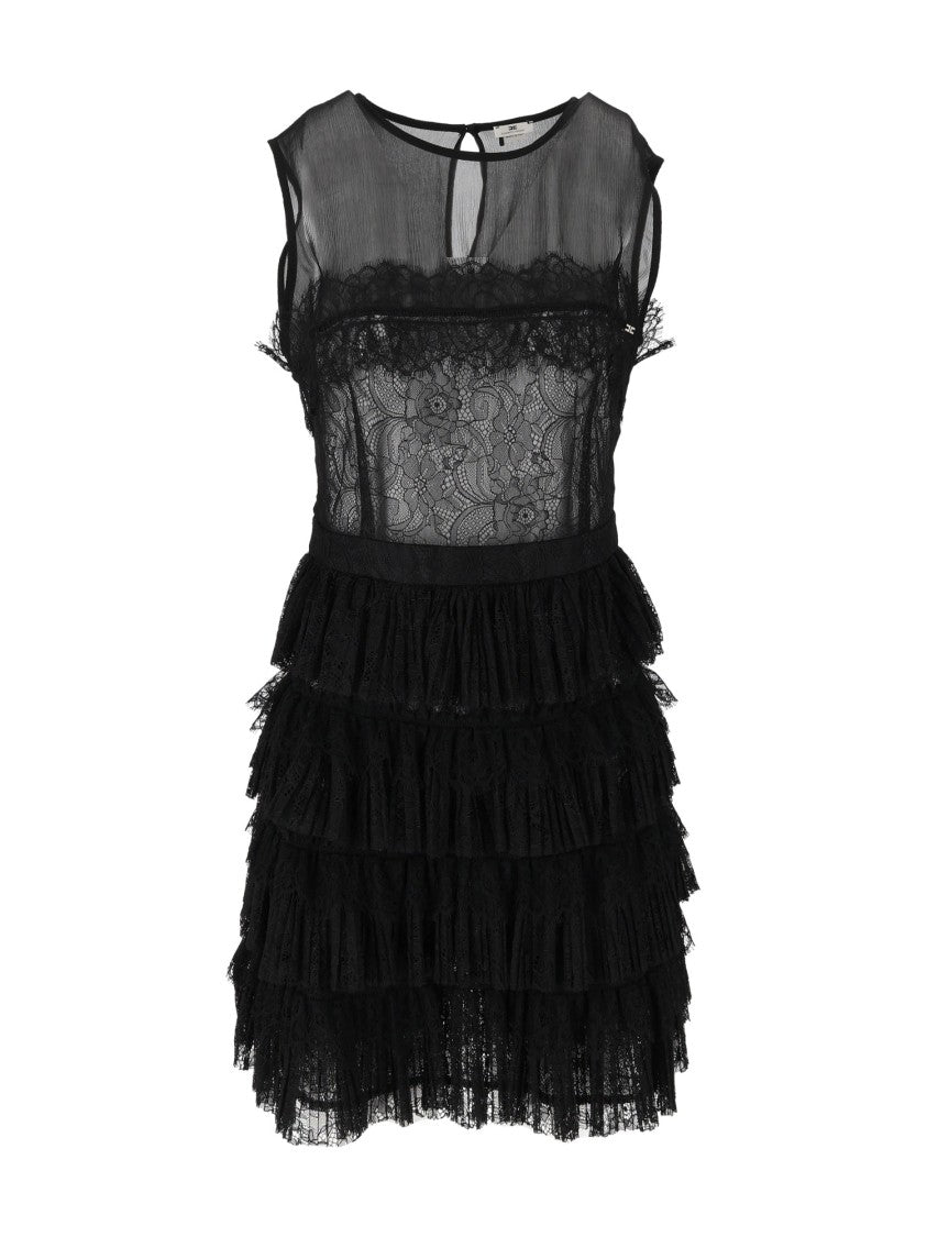Elisabetta Franchi Sheer Lace Keyhole Neckline Mini Dress