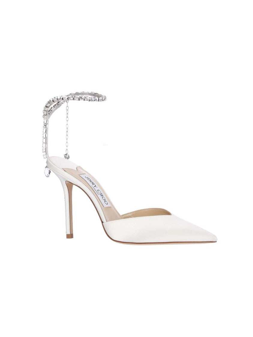 Jimmy Choo White High-Heeled Pumps With Rhinestone Ankle Strap