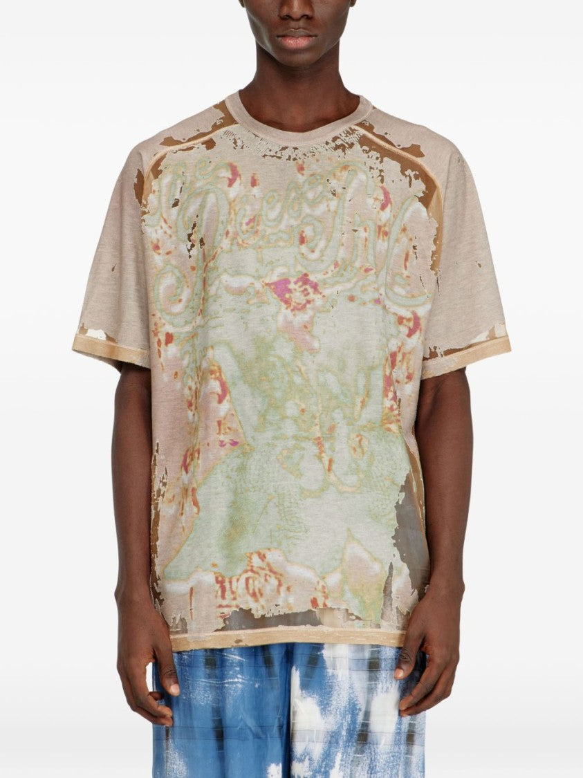 Diesel Distressed Abstract Print Silk Nylon T-Shirt