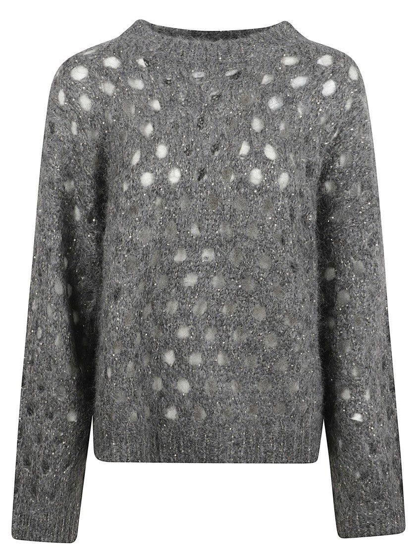 Brunello Cucinelli Dark Grey Mohair Knit Sweater With Openwork Pattern