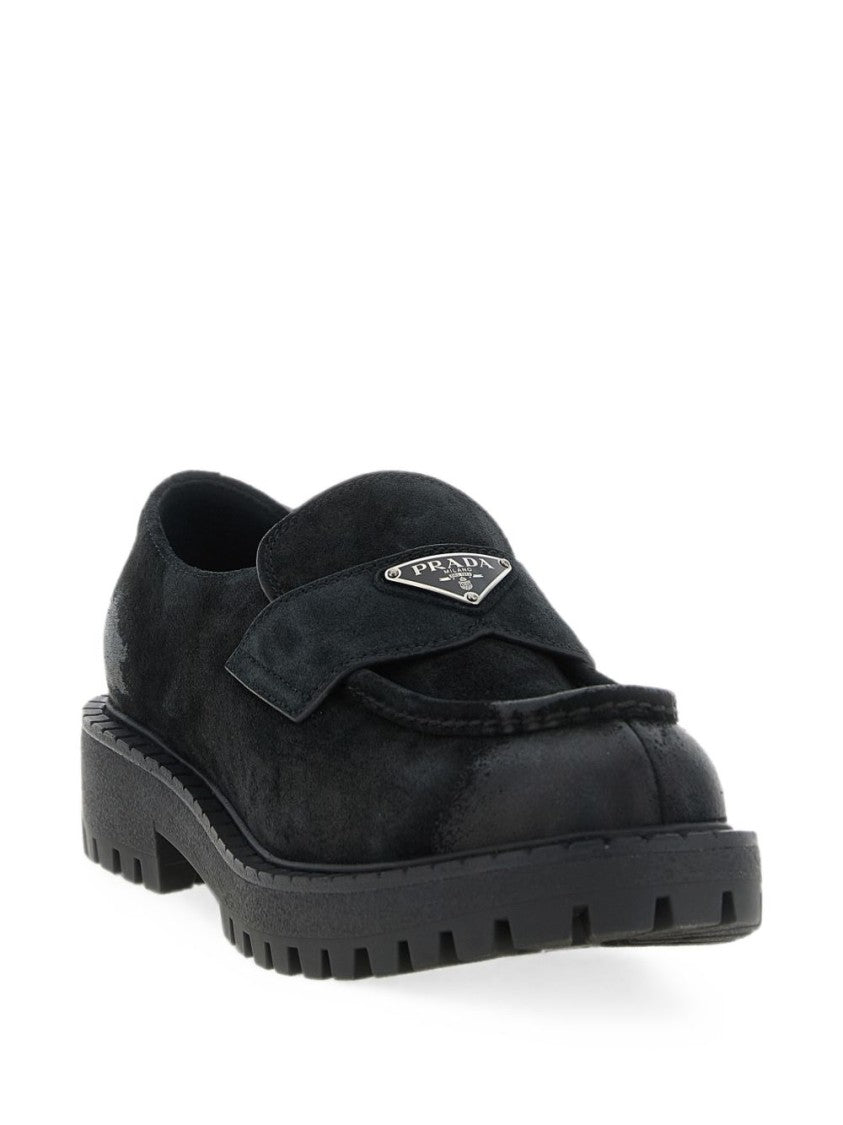 Prada Black Suede Leather Toe Cap Flats