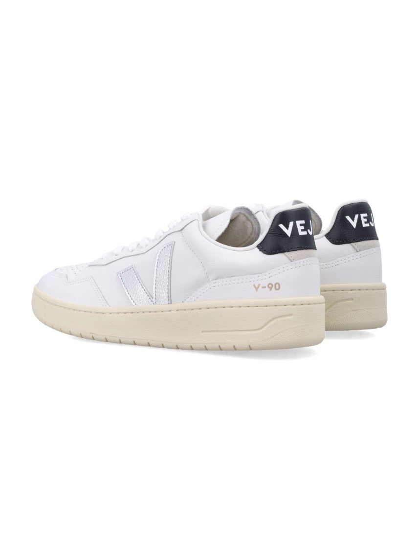 Veja V-90 White And Silver Leather Sneakers