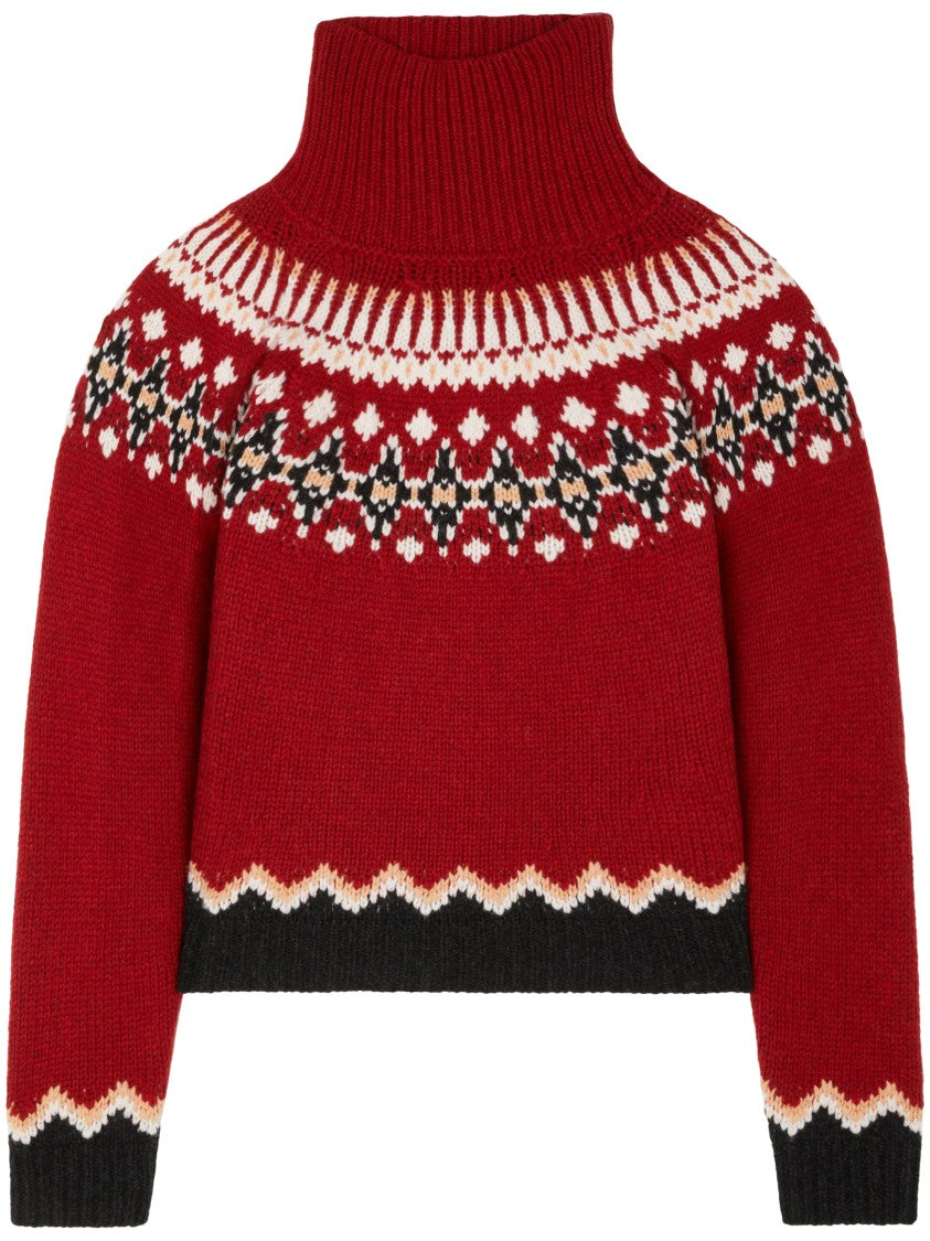 Alanui Intricately Patterned Red Turtleneck Sweater