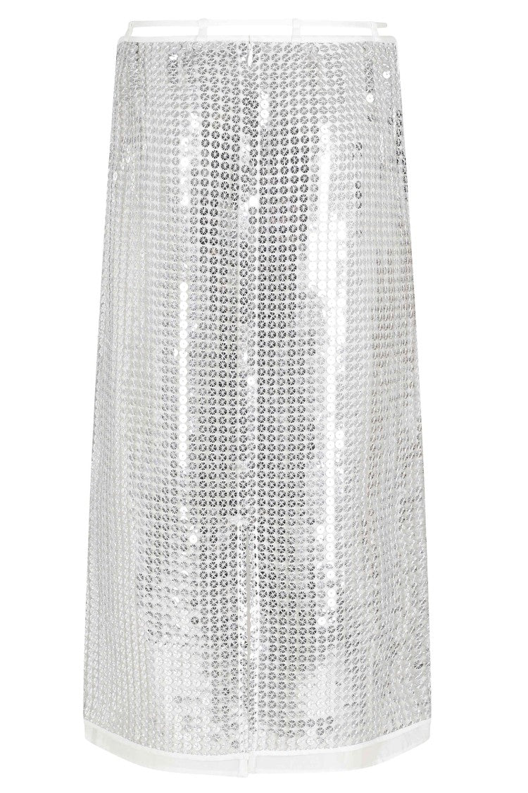 Isabelle Blanche Sequined Silver Waist Bow Midi Skirt