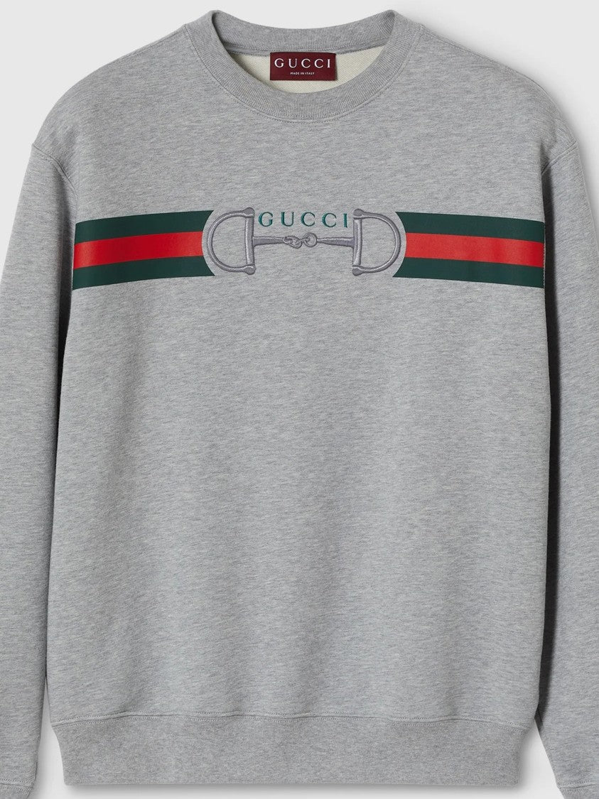 Gucci Grey Horizontal Stripe Horsebit Crew Neck Sweatshirt