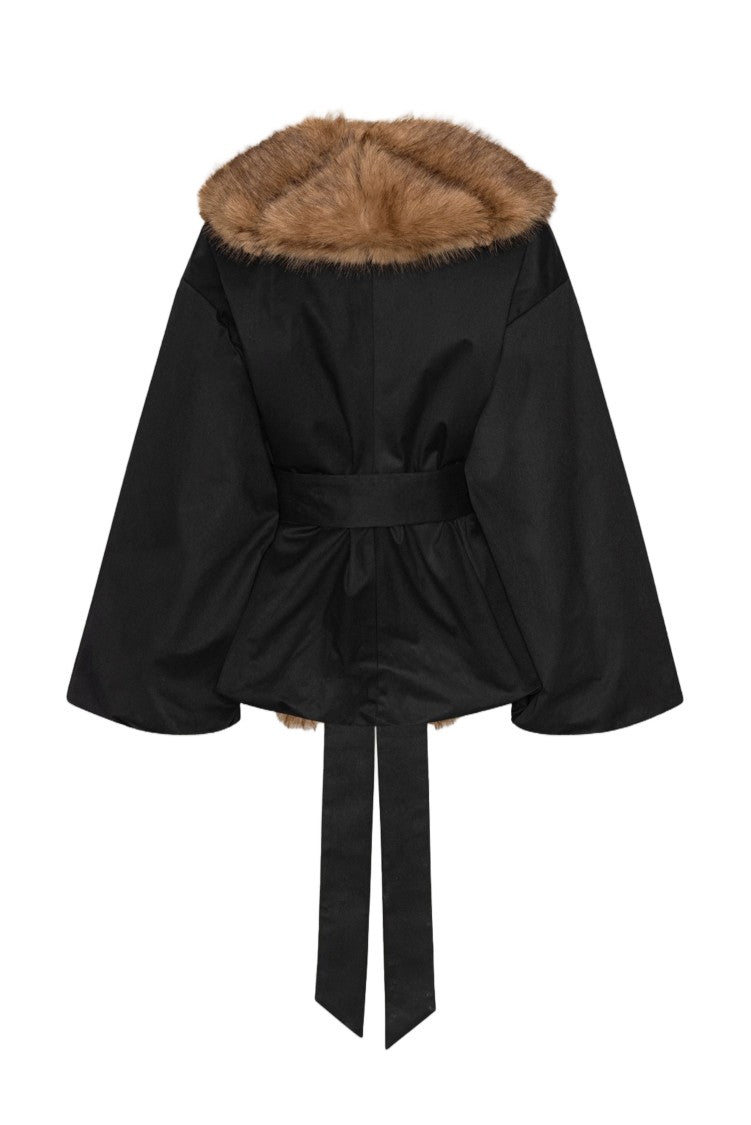 Rotate Black Faux Fur Collar Peplum Jacket