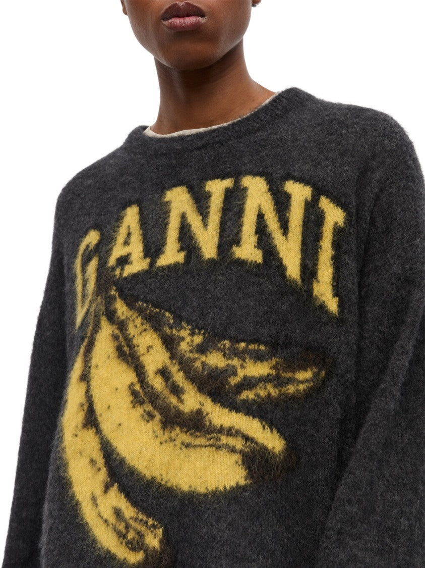 Ganni Oversized O-Neck Sweater In Fuzzy Alpaca Blend