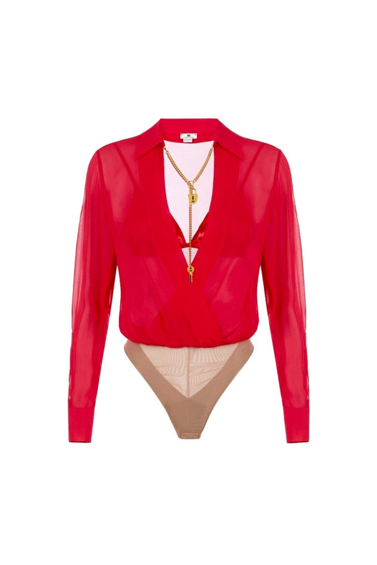 Elisabetta Franchi Red Viscose Sheer Bodysuit