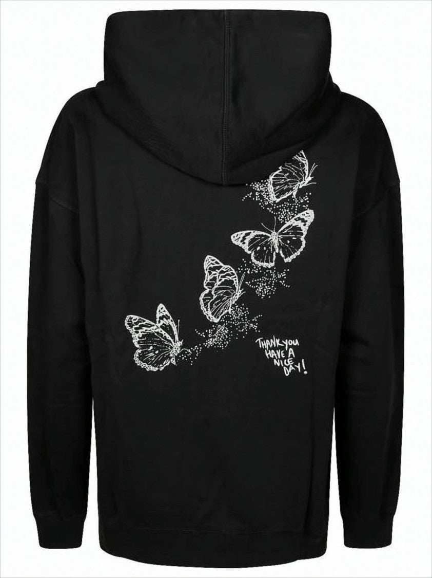 Ganni Black Organic Cotton Hoodie With Artistic Graphics And Handwritten Details