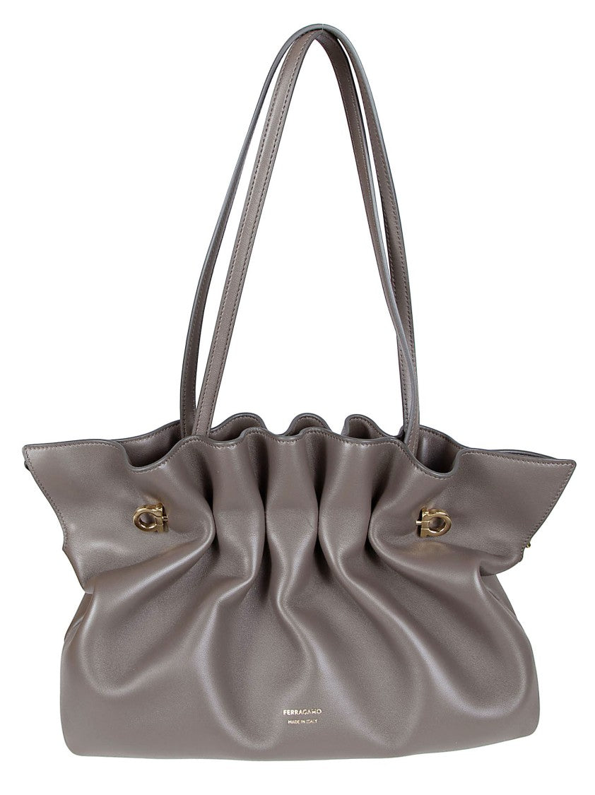 Ferragamo Ruched Grey Lamb Leather Shoulder Bag With Dual Straps