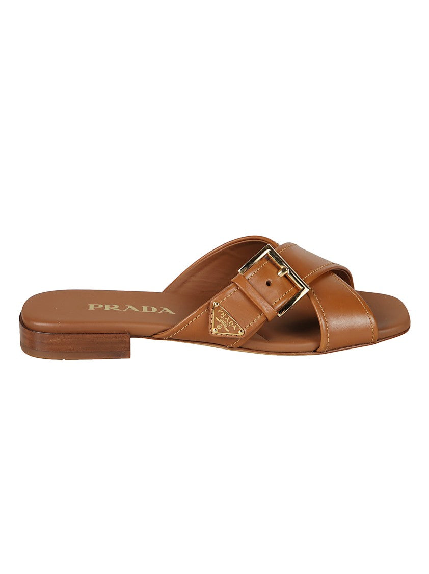 Prada Crisscross Leather Slide Sandal With Adjustable Buckle