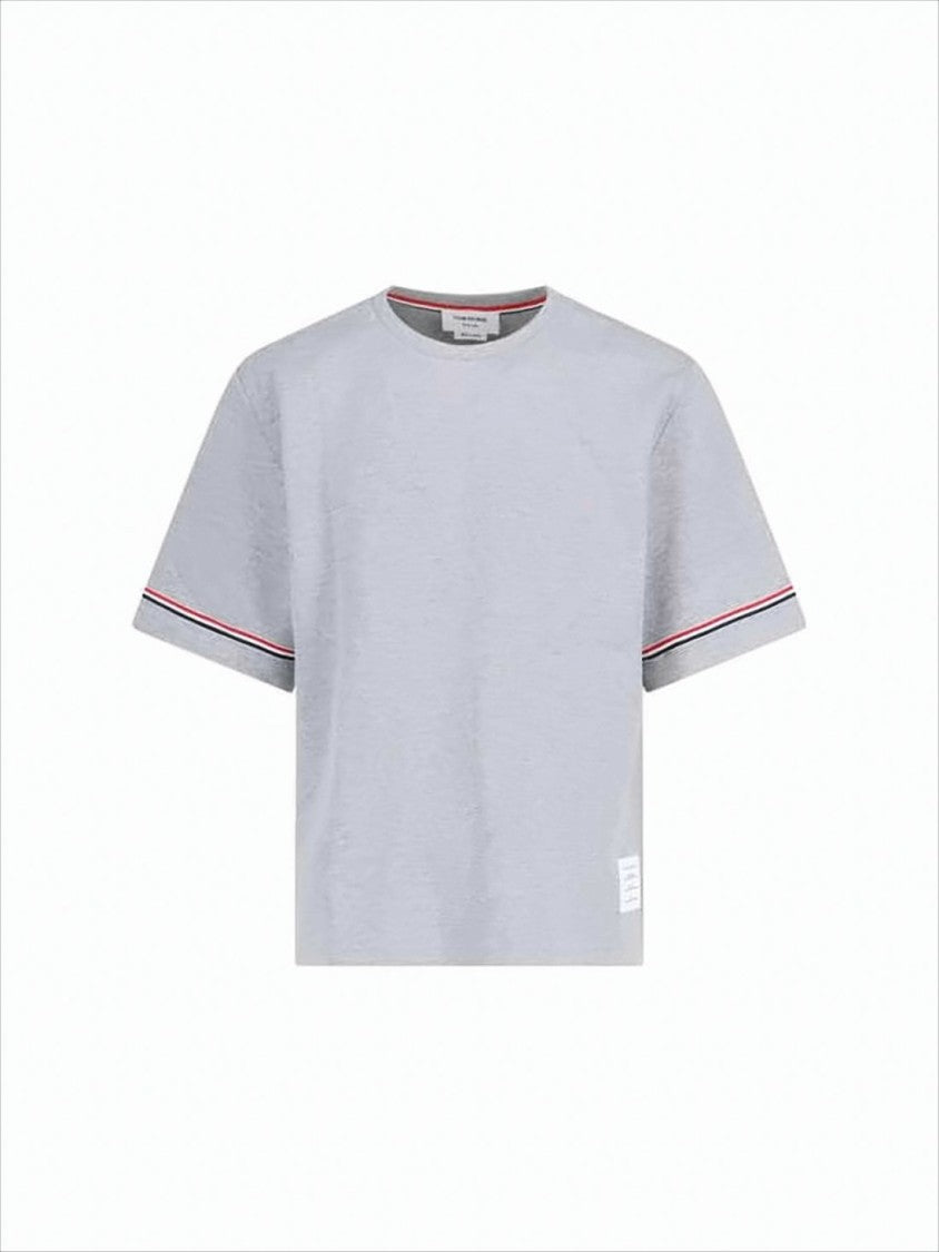 Thom Browne Short-Sleeved Light Grey Cotton T-Shirt With Striped Cuffs