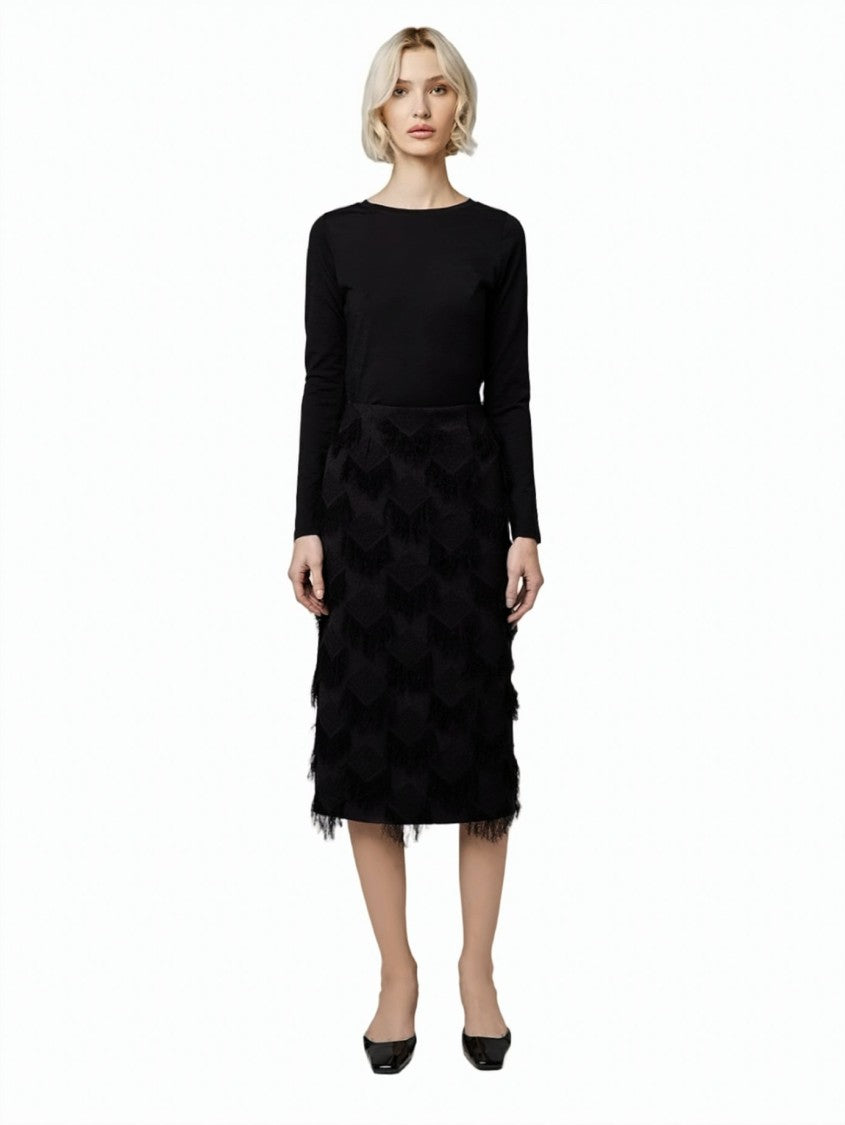 Alpha Studio Vrillé Diamond Pattern Fringed Midi Skirt