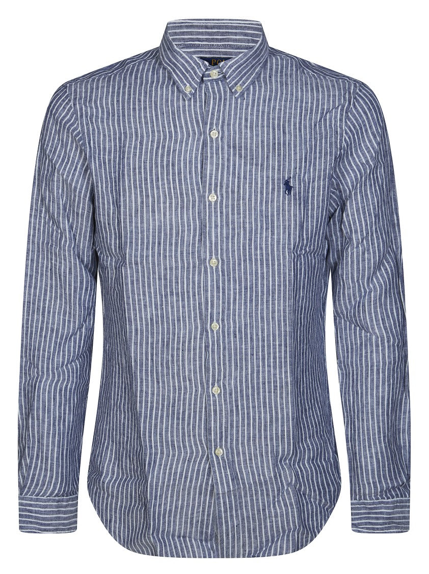 Polo Ralph Lauren Blue Premium Linen Vertical Striped Shirt