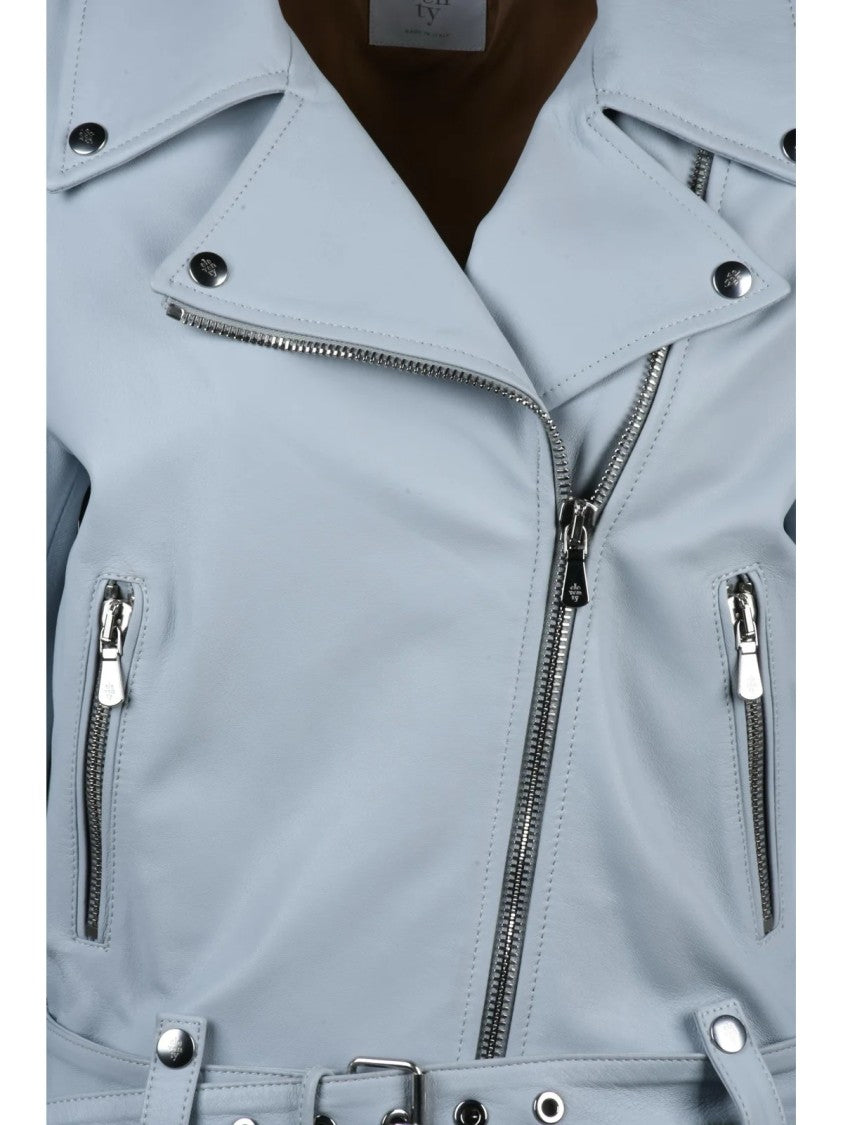 Eleventy Light Blue Leather Biker Jacket
