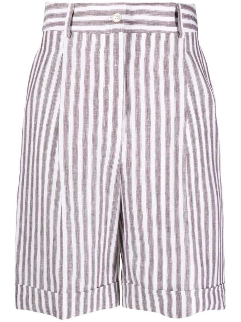 Kiton Brown Vertical Striped Cuffed Linen Shorts