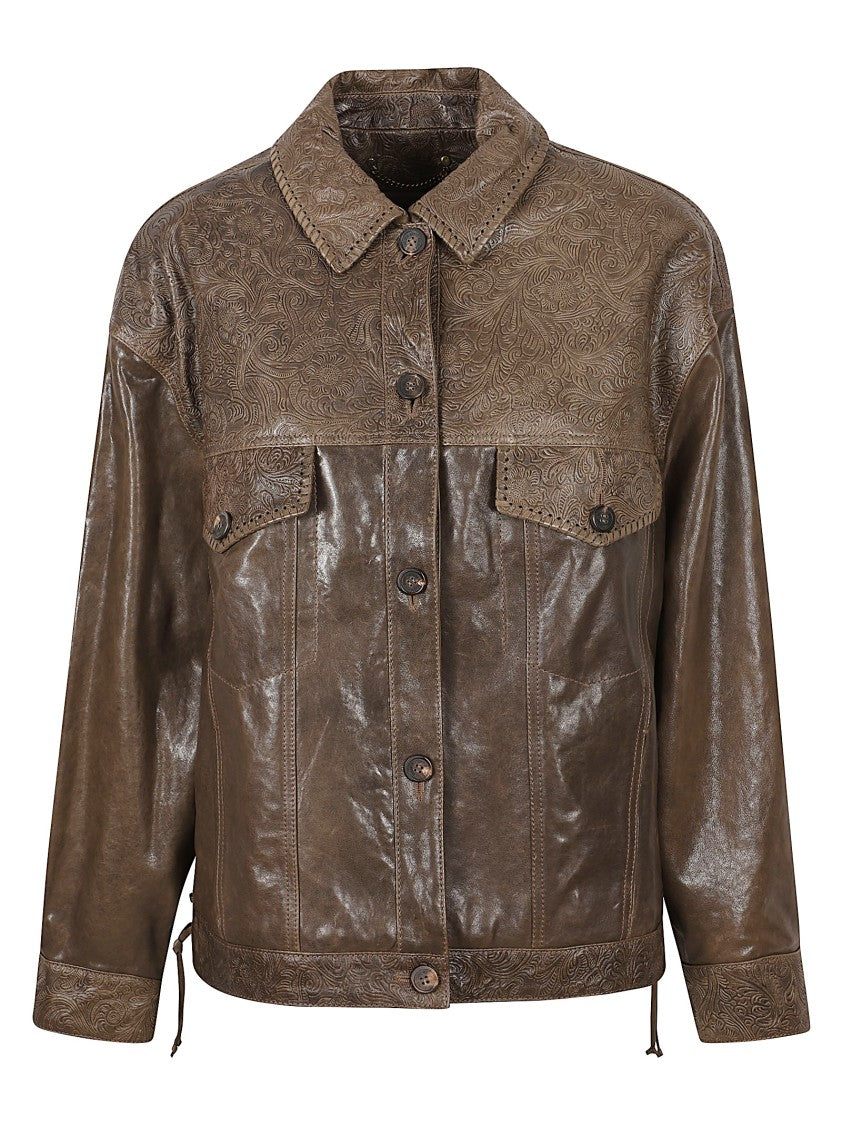 Golden Goose Brown Ovine Leather Jacket With Floral Embossing And Lace-Up Detail