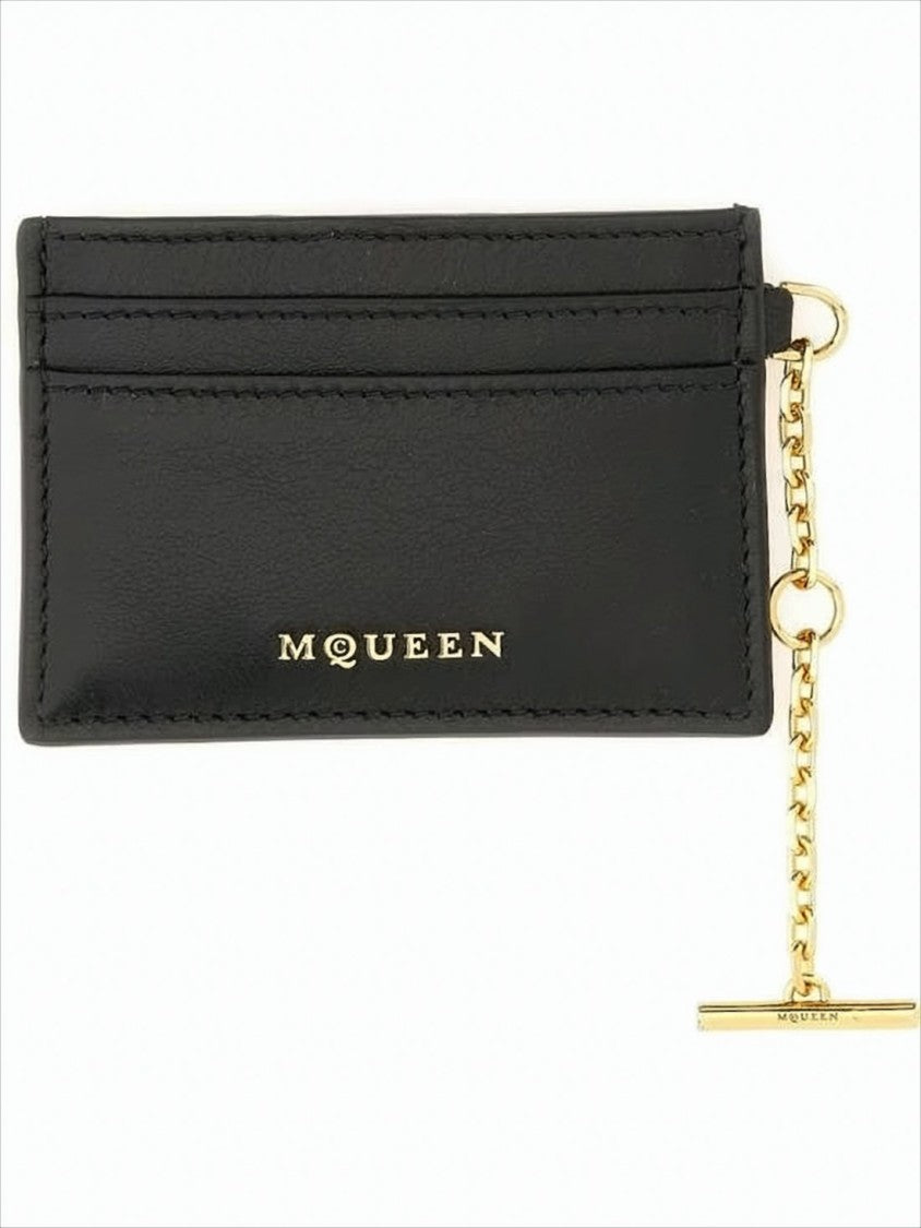 Alexander Mcqueen Rectangular Black Leather Card Wallet With Gold-Tone Chain