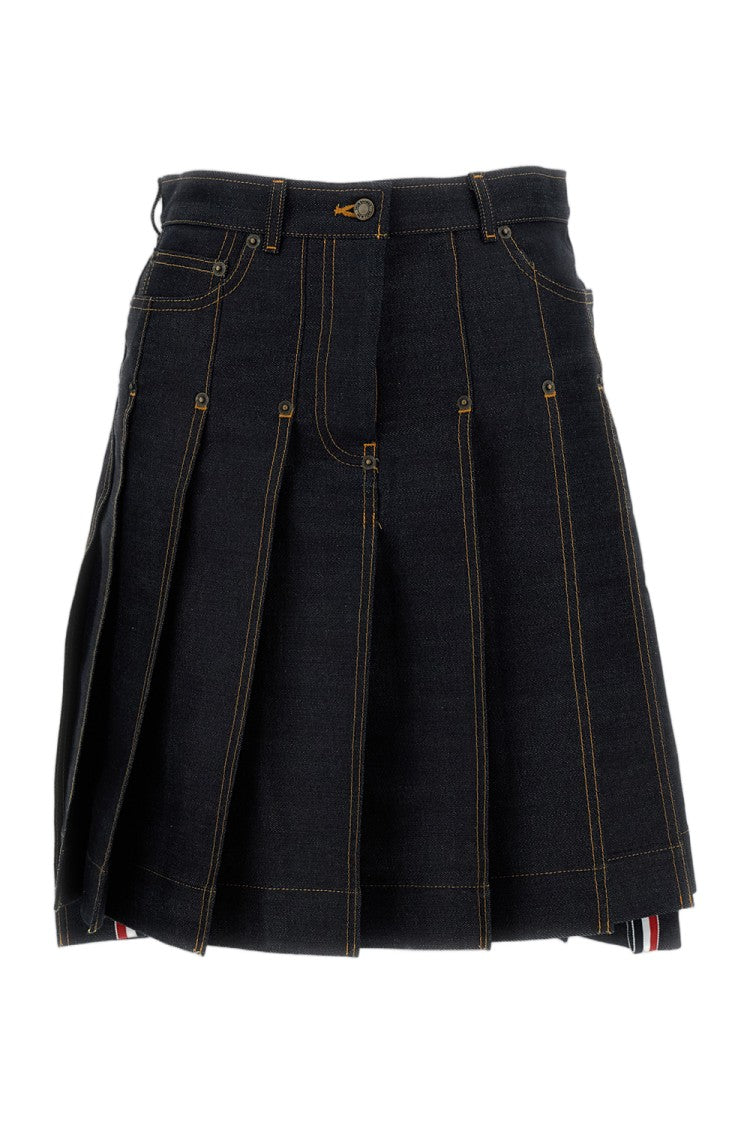 Thom Browne Pleated Skirt In Washed Japanese Selvedge Denim