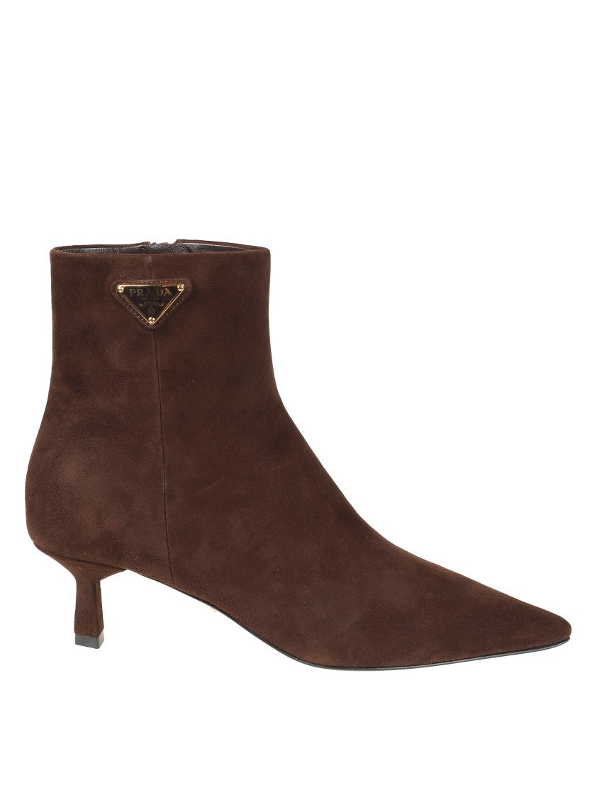 Prada Pointed Toe Suede Ankle Boots With Kitten Heel