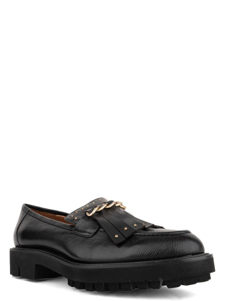 Adrianna Feretti Black Textured Gold-Tone Chain Leather Loafers