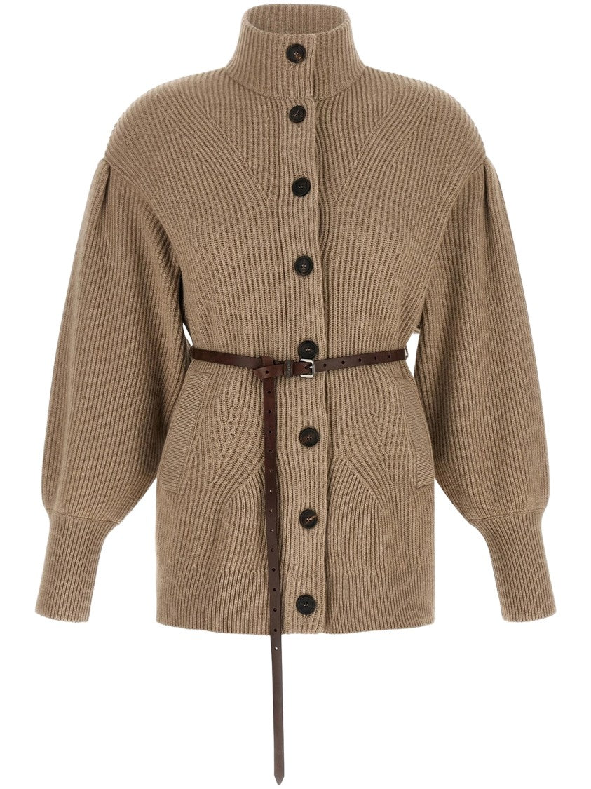 Brunello Cucinelli Cardigan Balloon Sleeve High-Collar Ribbed Knit Cardigan