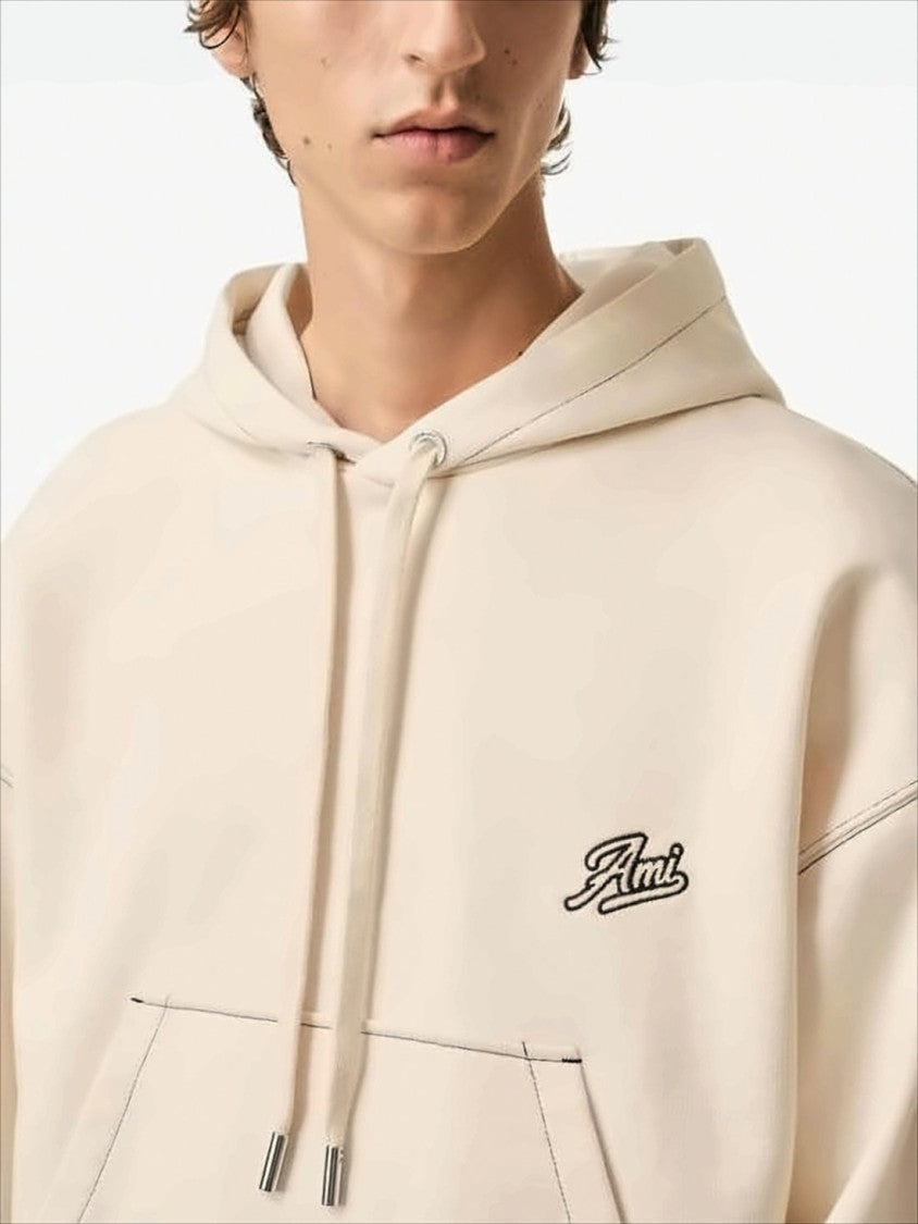 Ami Paris Cropped Hoodie With Drawstring And Embroidered Logo Detail