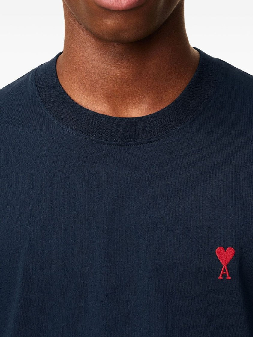 Ami Paris Navy Blue Organic Cotton T-Shirt With Embroidered Logos