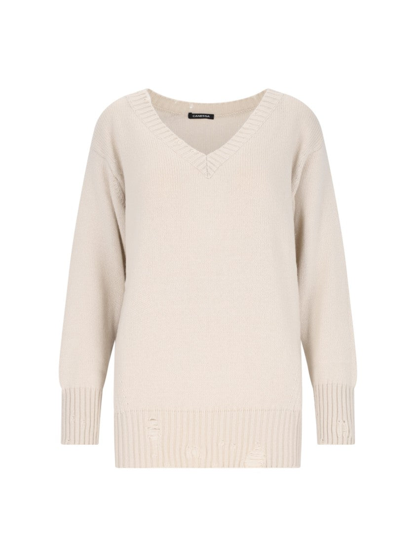 Canessa Destroyed Details Sweater In Cream Cashmere