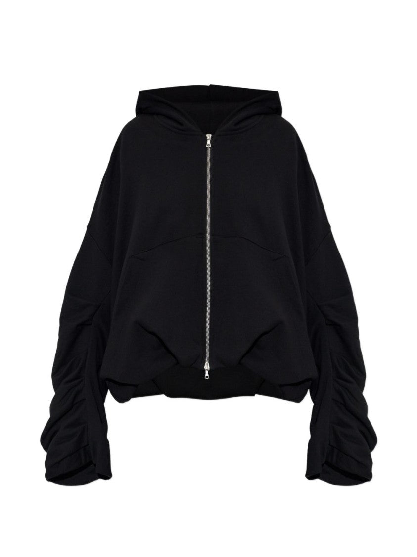 Dries Van Noten Black Zip-Up Hoodie Cardigan With Ruched Sleeve Detailing