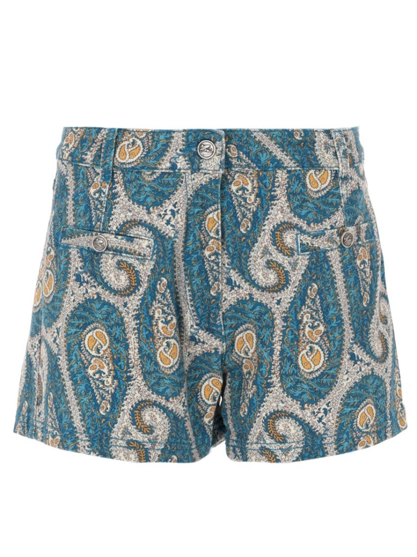 Etro Teal Paisley Print Five-Pocket Shorts