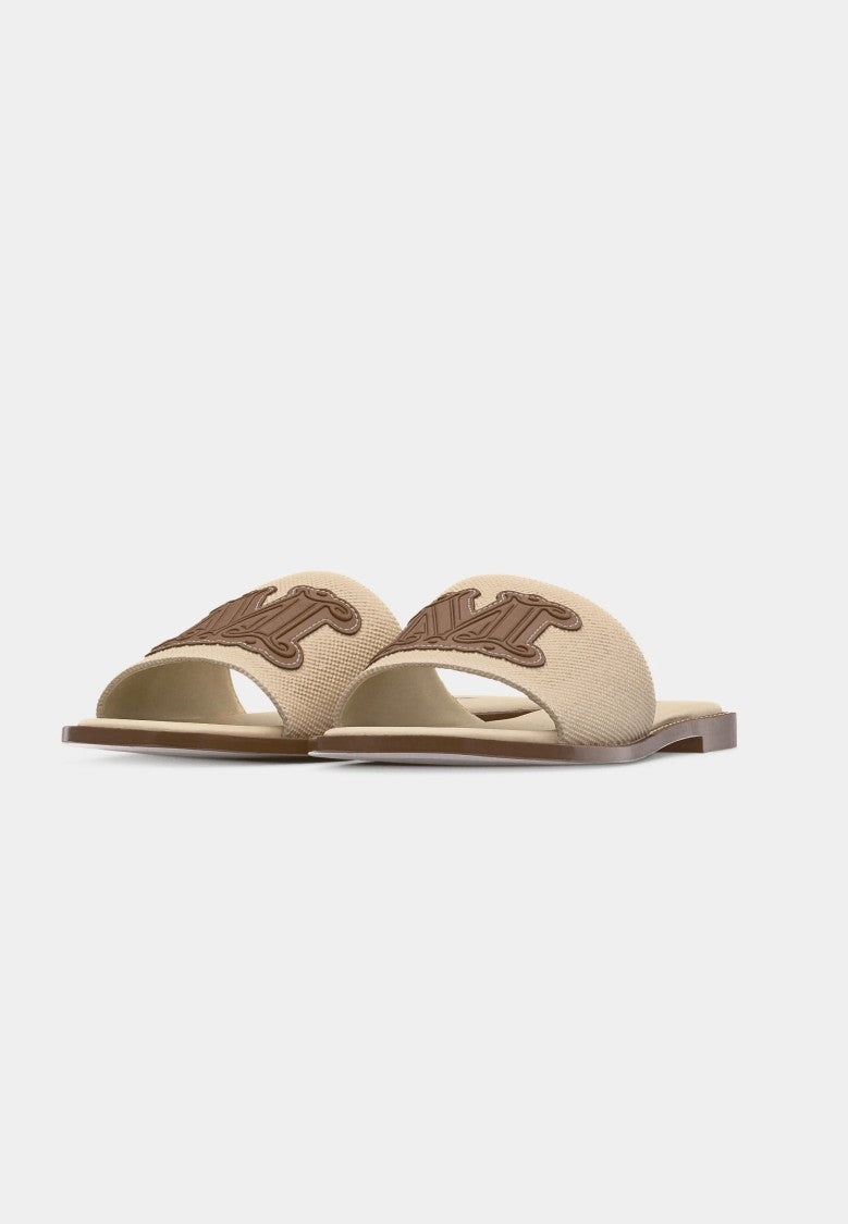 Max Mara Beige Textured Slide Sandals With Embroidered Emblem